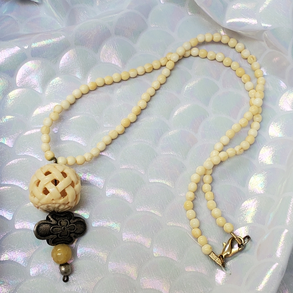 Vintage Bone Cage Bead Beaded Necklace with Calcite Accent